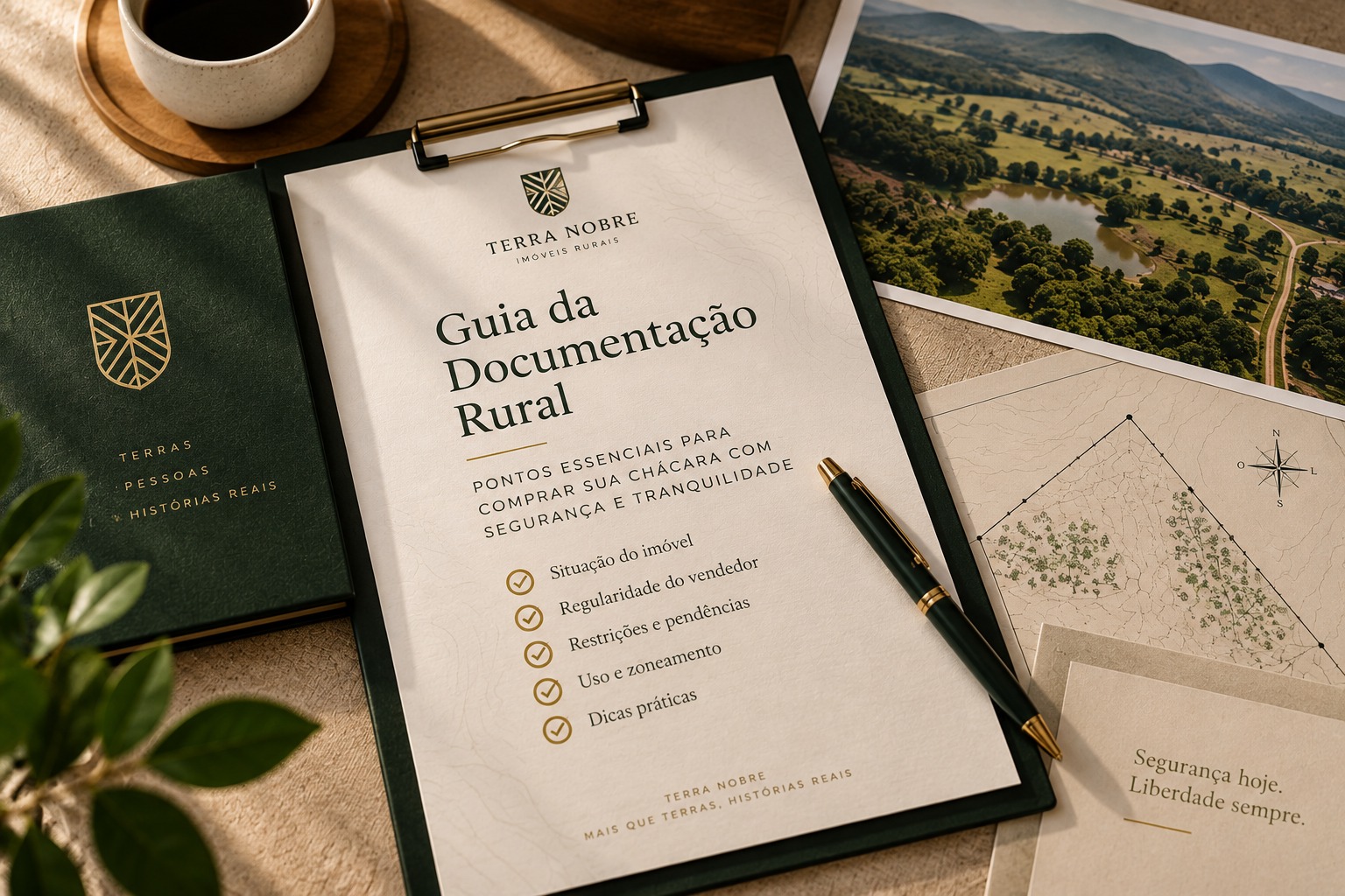Ilustração em tons de creme e dourado com curvas de nível, evocando a leitura de documentos de terra