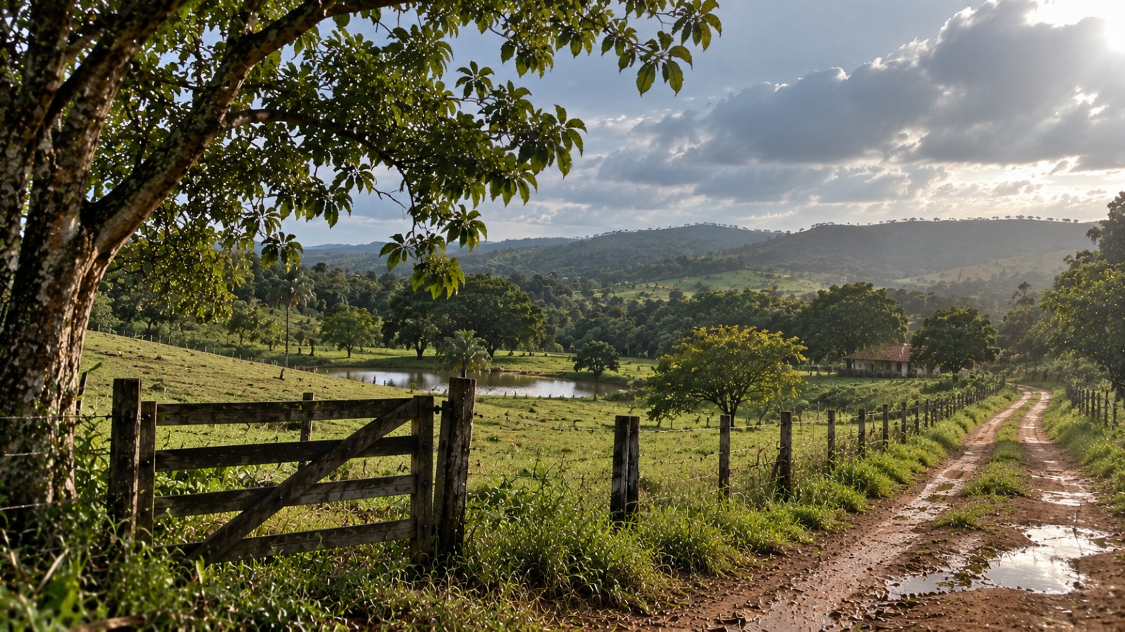 Ilustração topográfica escura com linhas douradas evocando uma estrada rural entre morros